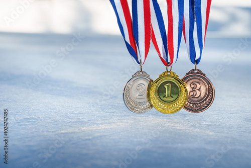 Photography golden medal on the textured ice surface in the snow - winter sport successful c