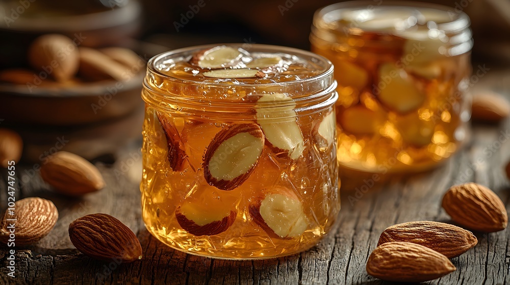 Organic almond jam in rustic glass jars on wooden table with whole almonds Organic almond jam in rustic glass jars on wooden table with whole almonds