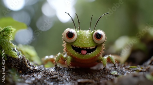 Cute cartoon caterpillar with smiling face in spring forest setting for children's illustration