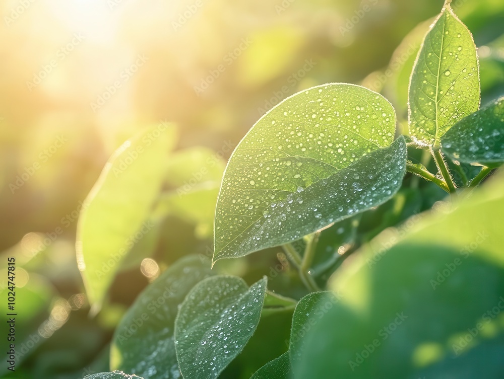 close-up of vibrant green soybean plants with dew drops glistening in the morning light, showcasing the vitality and growth of nature in an expansive farm setting close-up of vibrant green soybean plants with dew drops glistening in the morning light, showcasing the vitality and growth of nature in an expansive farm setting