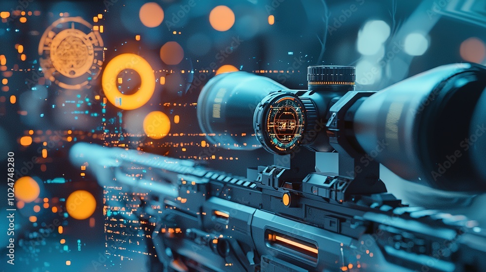 A futuristic sniper rifle with a high-tech scope, showcased against a digitally enhanced background filled with glowing orbs and data patterns. A futuristic sniper rifle with a high-tech scope, showcased against a digitally enhanced background filled with glowing orbs and data patterns.