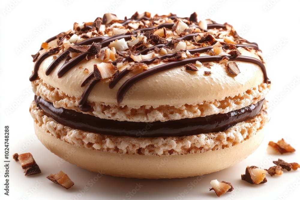A single coconut macaron with a chocolate drizzle, isolated on white background. A single coconut macaron with a chocolate drizzle, isolated on white background.