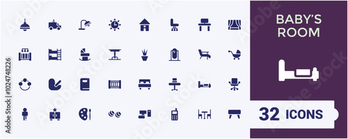 Baby's room solid icons set. collection of home interior,  furniture for the living room, bedroom, children's room and more. Editable and pixel perfect icon pack.