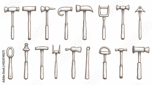 Set of drawn tools on white