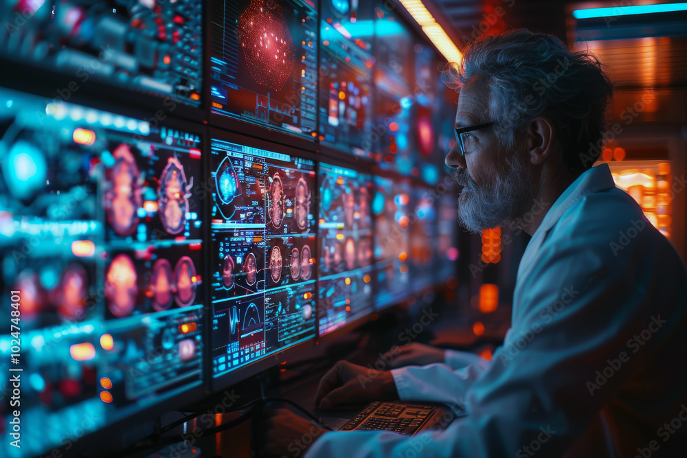 In a dimly lit hospital room, a male doctor focuses intently on multiple screens displaying vibrant medical imaging scans, examining patient data with precision and care in hospital In a dimly lit hospital room, a male doctor focuses intently on multiple screens displaying vibrant medical imaging scans, examining patient data with precision and care in hospital