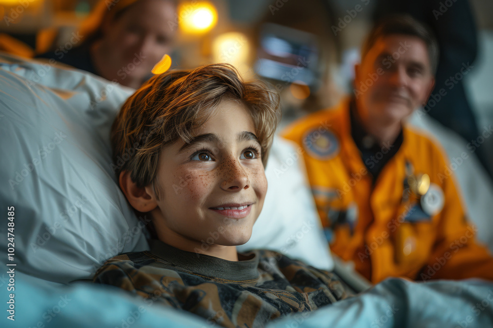 Young boy transplant recipient lies in a hospital bed, radiating joy moments after a successful surgery, surrounded by supportive medical staff, capturing a moment of hope and healing Young boy transplant recipient lies in a hospital bed, radiating joy moments after a successful surgery, surrounded by supportive medical staff, capturing a moment of hope and healing