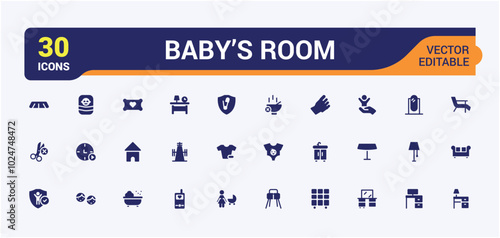 Baby's room solid icons set. collection of home interior,  furniture for the living room, bedroom, children's room and more. Editable and pixel perfect icon pack.