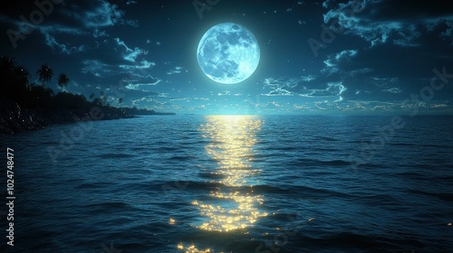 A serene moonlit ocean view with shimmering water reflections.