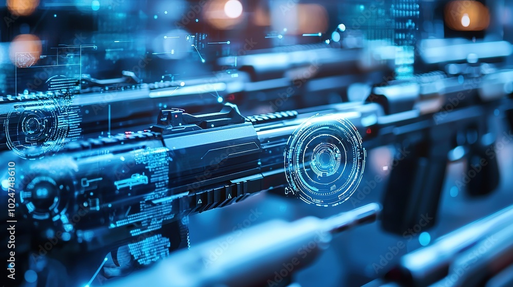 Obraz premium A futuristic display of digital weaponry with glowing blue accents, emphasizing advanced technology in armament design.