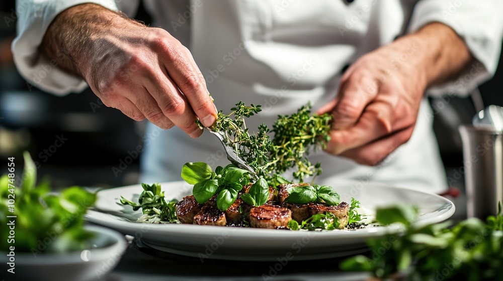 Chef skillfully garnishing a plated dish with fresh herbs in a professional kitchen setting Chef skillfully garnishing a plated dish with fresh herbs in a professional kitchen setting