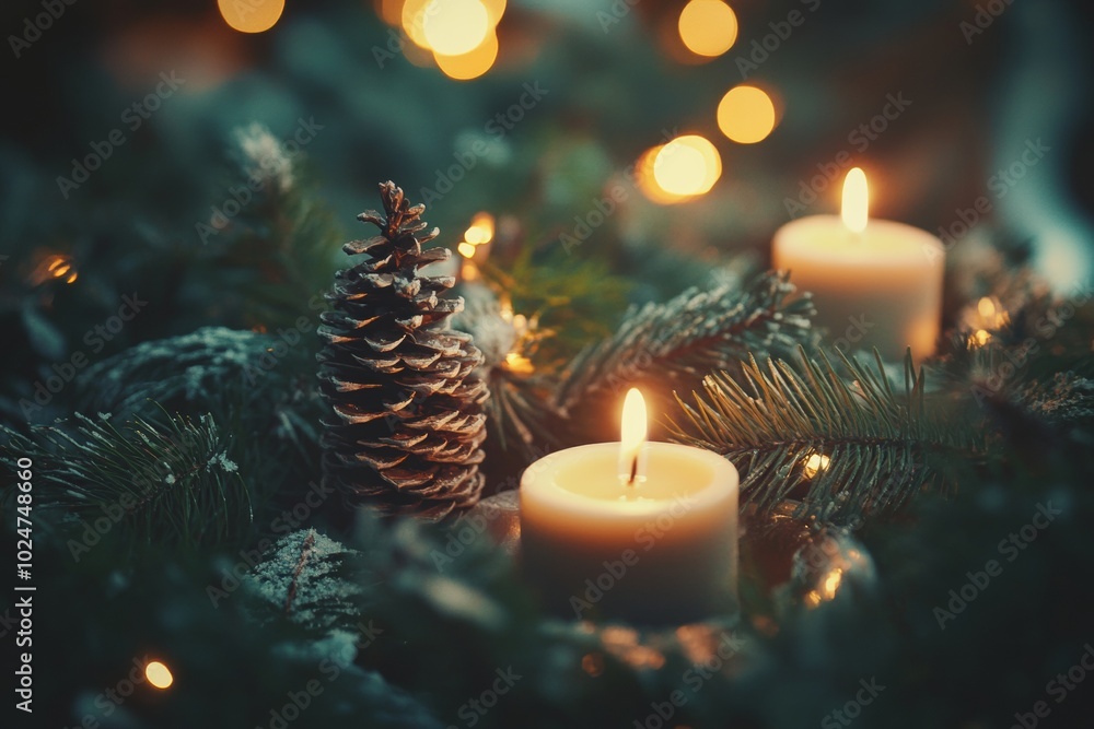 Cozy candlelight arrangement with pine cones and festive greenery during the holiday season Cozy candlelight arrangement with pine cones and festive greenery during the holiday season