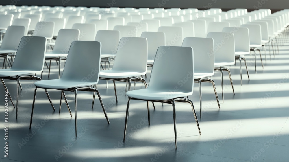 Fototapeta premium Rows of modern white chairs with metal legs arranged in a sunlit room, casting shadows on a grey tiled floor.