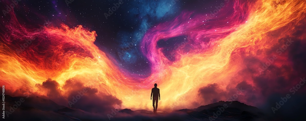 A silhouette of a person against a vibrant cosmic background.