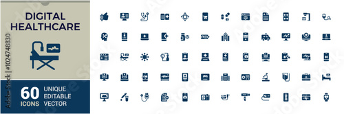 Digital Healthcare solid icons set. Related to medical, clinic, pill, protection and More. Filled icon collection, editanle and pixel perfect.