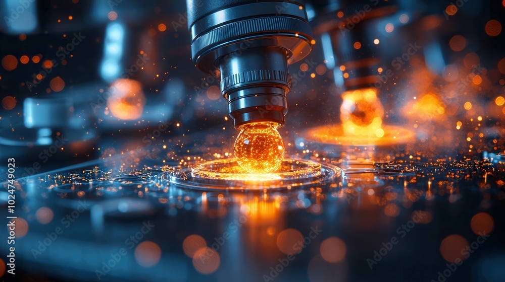 A close-up illustration of a glowing droplet being observed under a microscope, with luminous particles creating a magical effect. Perfect for scientific themes. A close-up illustration of a glowing droplet being observed under a microscope, with luminous particles creating a magical effect. Perfect for scientific themes.