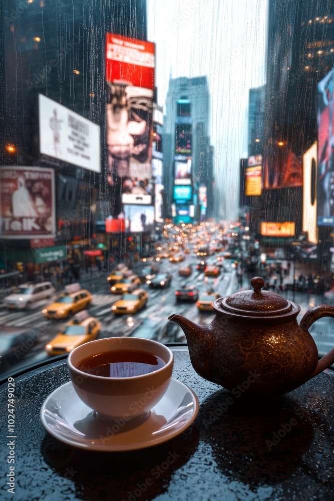 A steaming cup of tea sits on the table, next to an elegant teapot filled with hot water. The background reveals busy city streets through a large window. A steaming cup of tea sits on the table, next to an elegant teapot filled with hot water. The background reveals busy city streets through a large window.