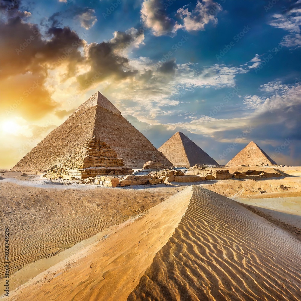 The Historic Pyramids of Giza, Egypt, Towering Above the Desert Sands, Representing One of the World's Most Iconic Ancient Architectural Wonders The Historic Pyramids of Giza, Egypt, Towering Above the Desert Sands, Representing One of the World's Most Iconic Ancient Architectural Wonders