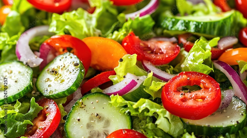 Freshly prepared garden salad with vibrant vegetables and greens displayed on a plate at a sunny outdoor setting Freshly prepared garden salad with vibrant vegetables and greens displayed on a plate at a sunny outdoor setting