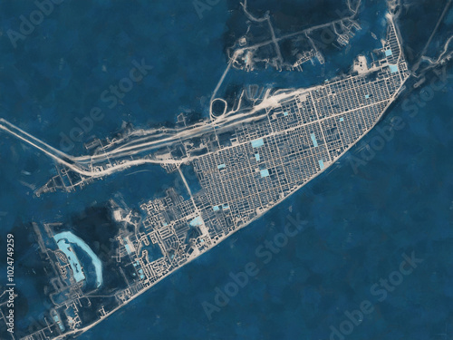 Painterly Style City Map of Galveston Texas, USA in a Blue Color Scheme.
