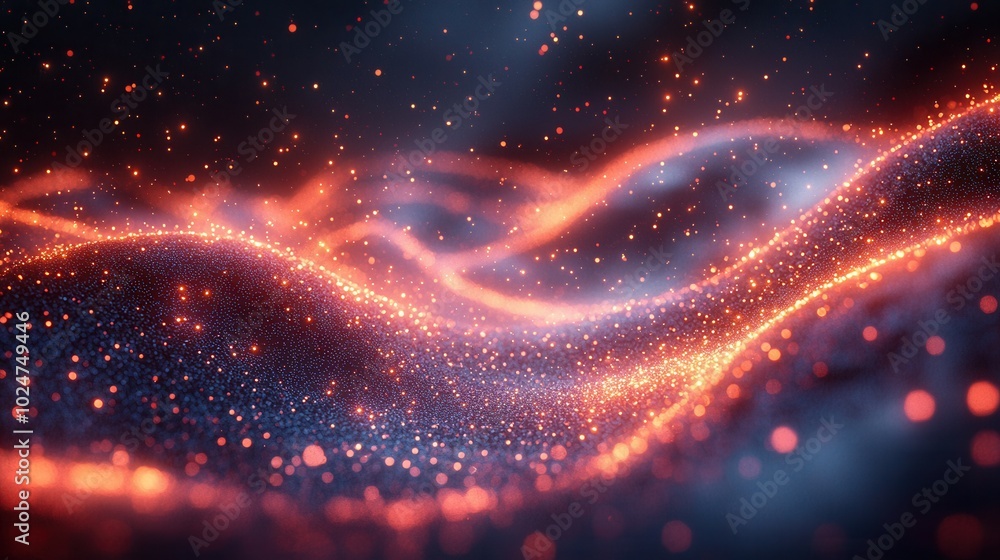 A stunning abstract representation of waves filled with sparkling particles, depicting a dreamy atmosphere of colors and lights, creating a mesmerizing visual experience.