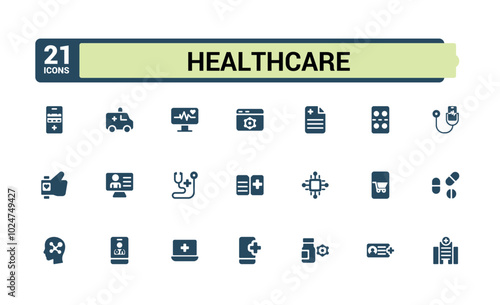 Healthcare solid icons set. Related to medical, health, diagnosis, report, injury and more. Filled icons collection. Editable and pixel perfect icon pack.