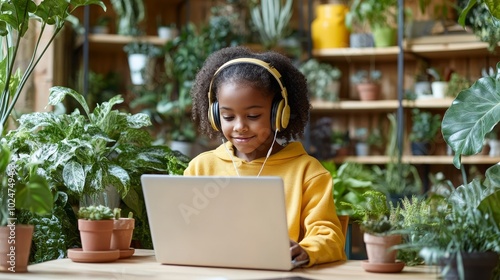 Smiling Young Girl With Headphones Engaged in Online Learning, Surrounded by Plants, at Home.