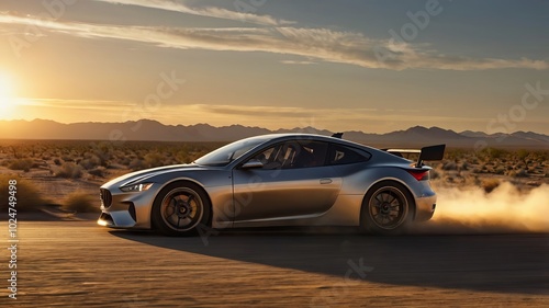a modern high performance car in a desert drifting