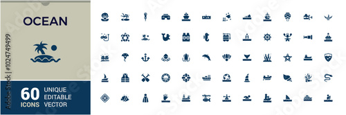 Set of solid icons related to ocean. Sea, ship, cruise, sunset, coral, iceberg, submarine and so on. Filled icon collection, Editable and pixel perfect icons pack.