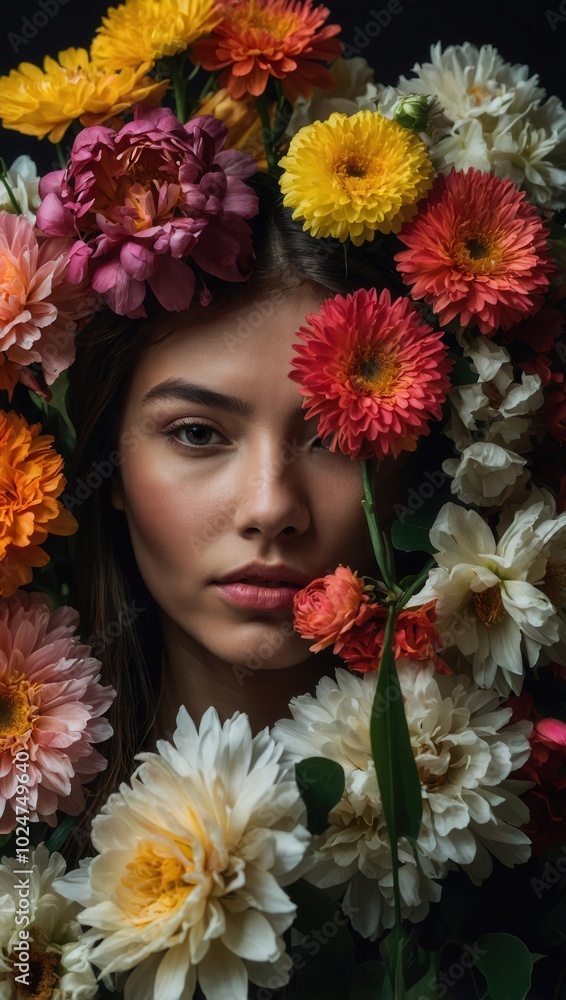 Person?s face partially hidden by colorful flowers, soft pastel tones Person?s face partially hidden by colorful flowers, soft pastel tones