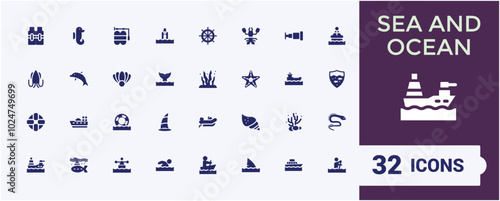 Wallpaper Mural Set of solid icons of sea and Ocean, Containing marine vehicles, waves, Beach, editable and pixel perfect filled icon collection. Torontodigital.ca