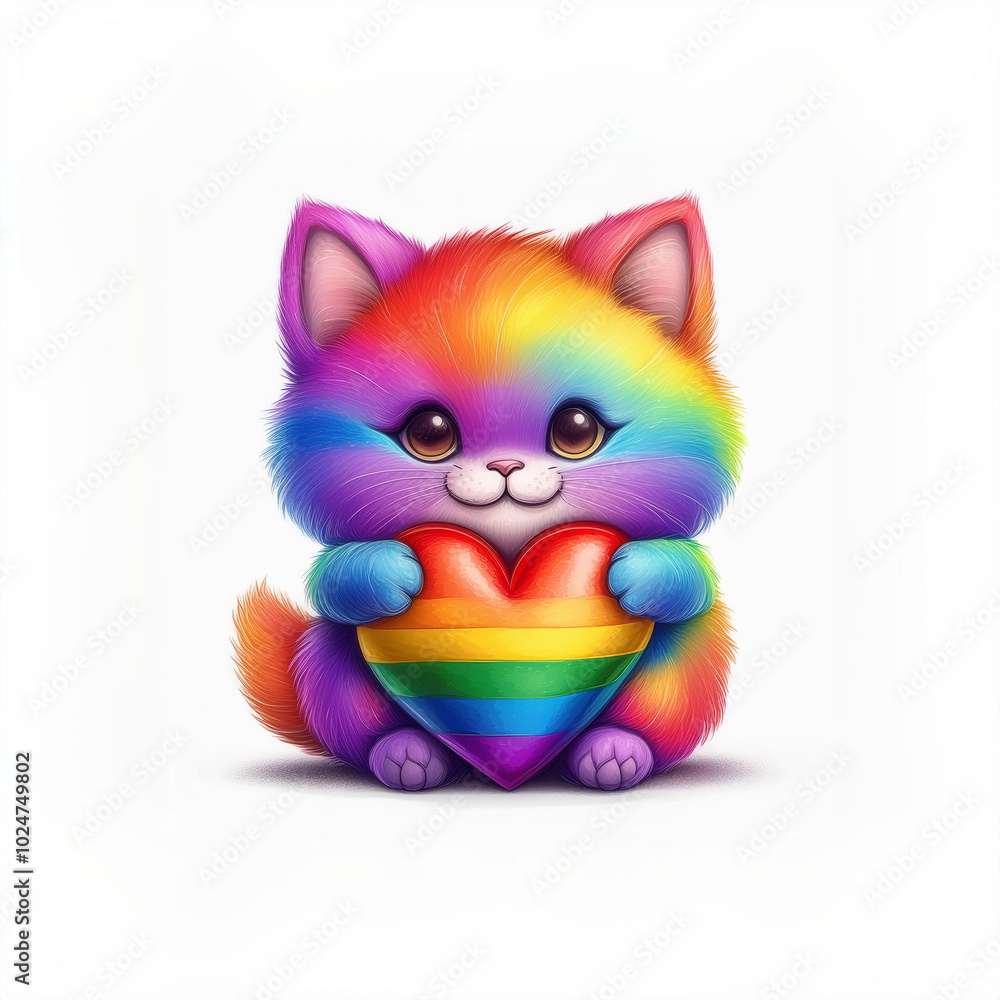 Fototapeta premium Adorable Rainbow Kitten Holding LGBTQ+ Heart: Cute Pride Illustration