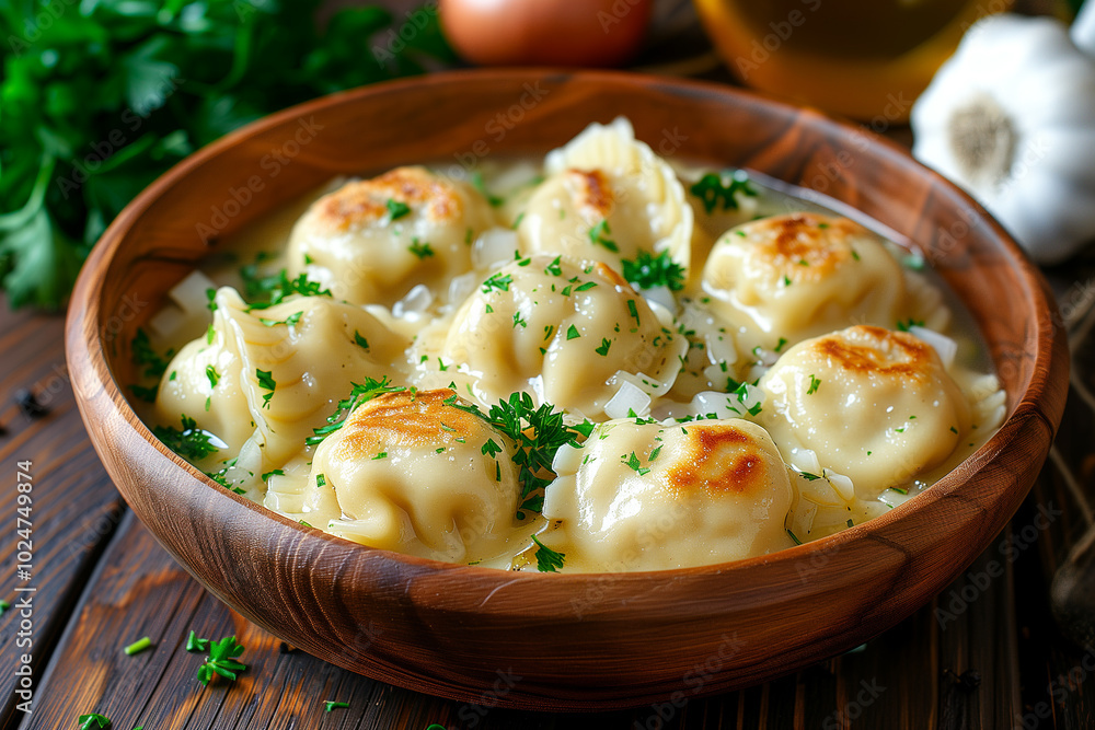ready-made dumplings in a bowl with sour cream and fresh parsley on wooden table. Tasty homemade meat dumplings. ready-made dumplings in a bowl with sour cream and fresh parsley on wooden table. Tasty homemade meat dumplings.