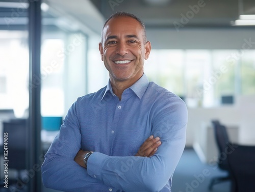 confident male executive standing in an office, arms crossed and smiling, projecting leadership and professionalism while exuding a sense of approachability