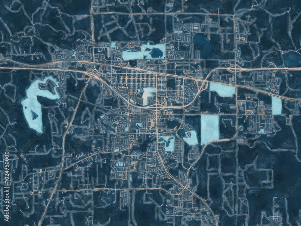 Fototapeta premium Painterly Style City Map of Gilette Wyoming, USA in a Blue Color Scheme.