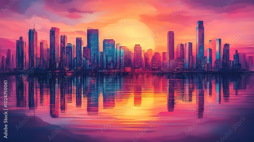 Fototapeta premium Colorful sunset over a city skyline reflects in calm waters, creating a serene and vibrant atmosphere at dusk