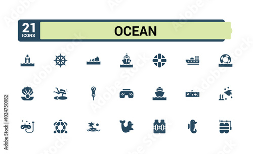 Set of solid beach Icons. Simple style filled icons pack. Ocean, sea, wave and more, Editable and pixel perfect, Vector illustration.