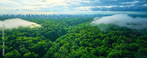 Aerial view of lush green forest with mist and skyline in the distance.