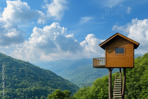 Isolated Treehouse in Forest Overlooking Green Hills