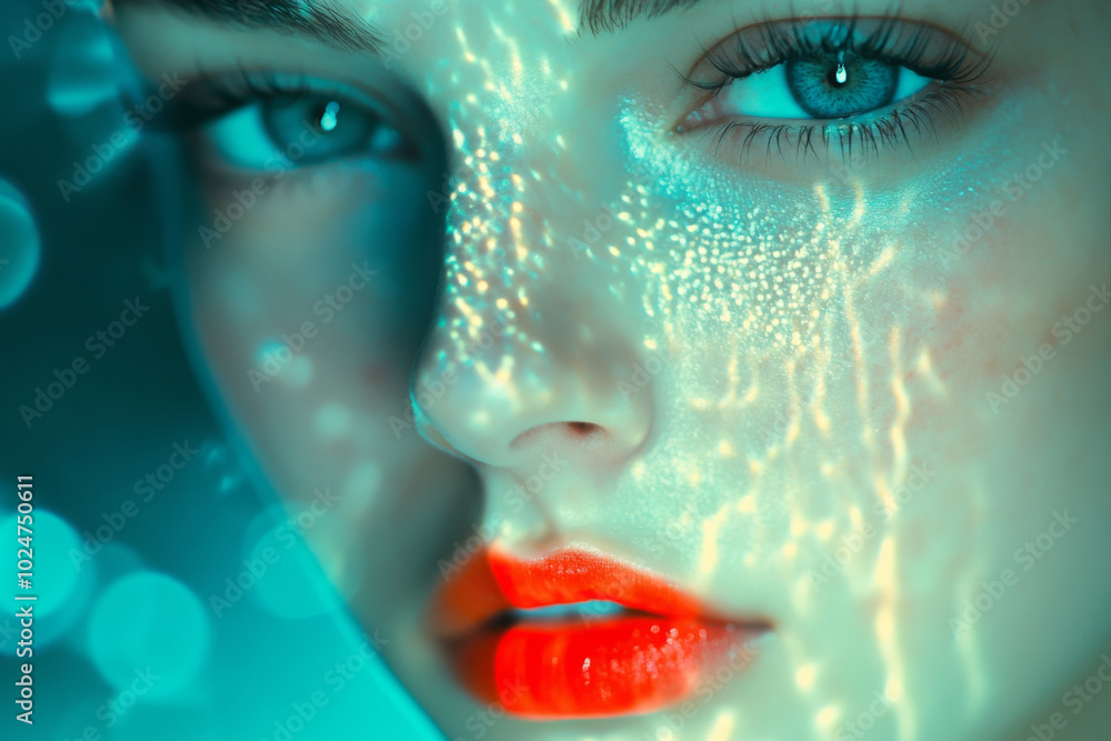 Portrait of a woman with striking blue eyes and vibrant lips illuminated by abstract light patterns Portrait of a woman with striking blue eyes and vibrant lips illuminated by abstract light patterns