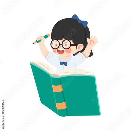 Happy Kid girl student sitting on a book