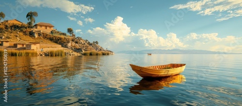 Peaceful wooden boat drifting on a serene lake with a wooden pier extending into the water and picturesque mountains and clouds in the background  A tranquil