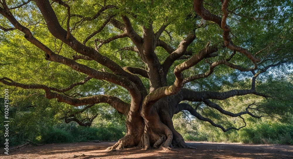 Ancient tree with twisted branches and a canopy of leaves filtering sunlight Ancient tree with twisted branches and a canopy of leaves filtering sunlight
