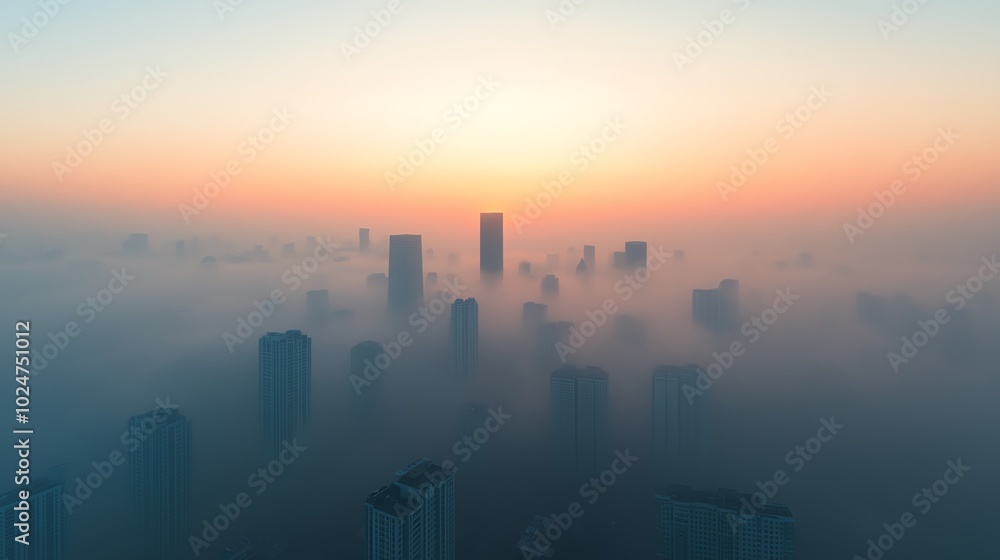 City skyline at dawn with fog and skyscrapers under soft pastel colors. City skyline at dawn with fog and skyscrapers under soft pastel colors.