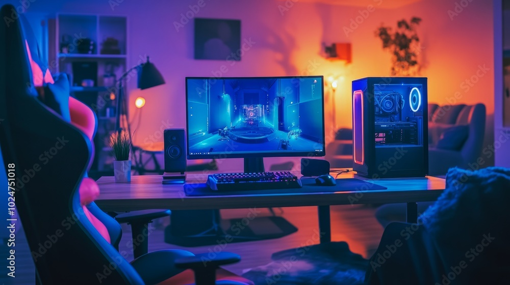 Futuristic gamer room with a neon-lit computer on the desk, vibrant colors reflecting off the setup and AI-generated graphics on screen. Futuristic gamer room with a neon-lit computer on the desk, vibrant colors reflecting off the setup and AI-generated graphics on screen.
