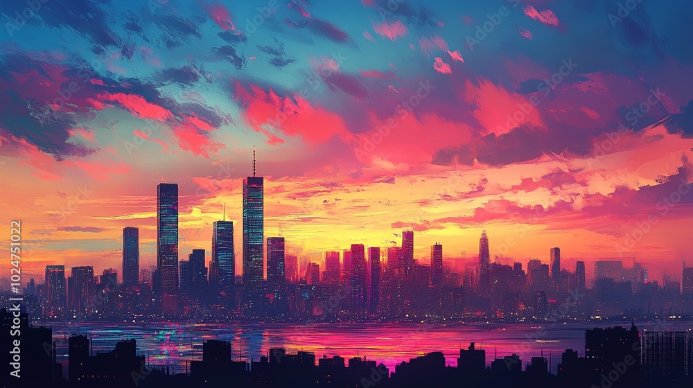 Vibrant sunset over the Houston skyline with colorful clouds and buildings silhouetted against the evening sky Vibrant sunset over the Houston skyline with colorful clouds and buildings silhouetted against the evening sky