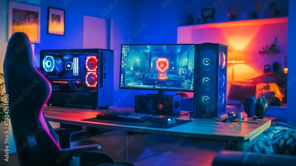 Futuristic gamer room with a neon-lit computer on the desk, vibrant colors reflecting off the setup and AI-generated graphics on screen. Futuristic gamer room with a neon-lit computer on the desk, vibrant colors reflecting off the setup and AI-generated graphics on screen.