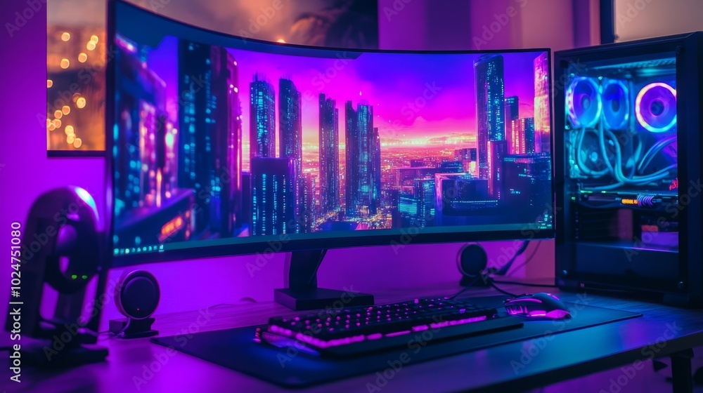 Futuristic gaming computer setup with neon purple and cyan lighting, the screens displaying AI-generated futuristic cityscapes. Futuristic gaming computer setup with neon purple and cyan lighting, the screens displaying AI-generated futuristic cityscapes.