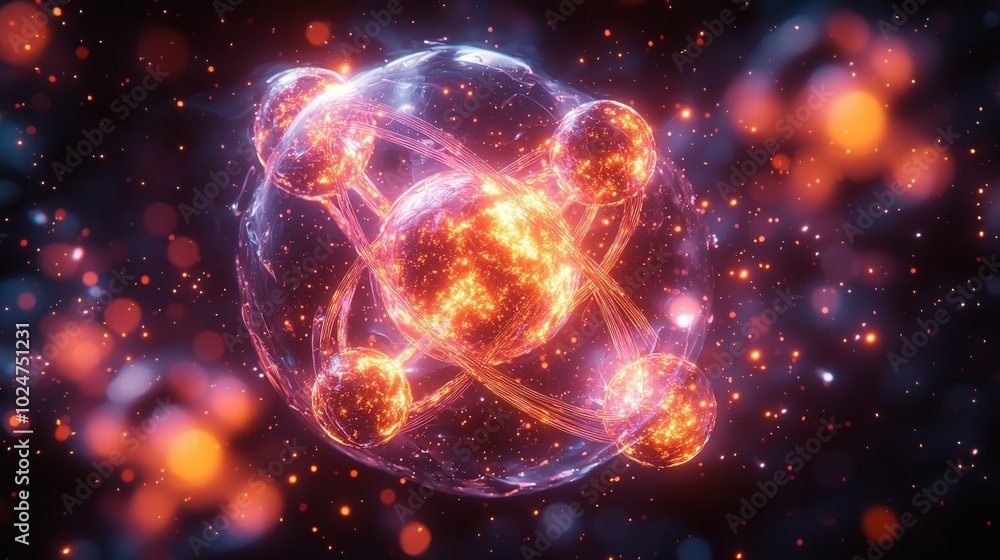 An illustration showing a stylized atom with glowing particles, reminiscent of cosmic phenomena, set against a dark, sparkly background. An illustration showing a stylized atom with glowing particles, reminiscent of cosmic phenomena, set against a dark, sparkly background.