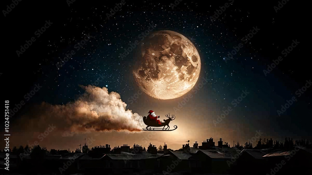magical Christmas Eve night with Santa Claus flying through starry sky on his sleigh, accompanied by reindeer, under bright full moon. scene evokes sense of wonder and joy magical Christmas Eve night with Santa Claus flying through starry sky on his sleigh, accompanied by reindeer, under bright full moon. scene evokes sense of wonder and joy