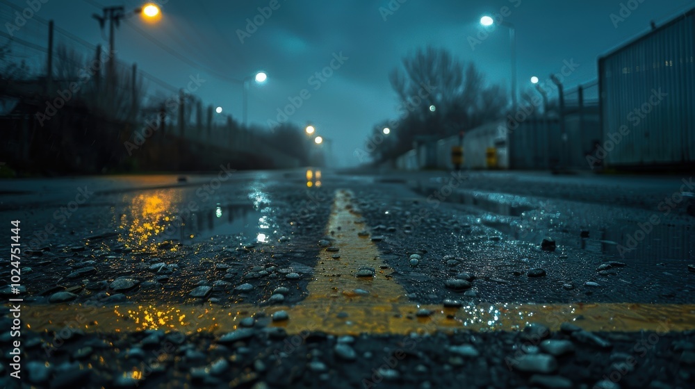A moody, deserted, wet road at dusk with shimmering street lights reflects a melancholic atmosphere in an industrial area A moody, deserted, wet road at dusk with shimmering street lights reflects a melancholic atmosphere in an industrial area